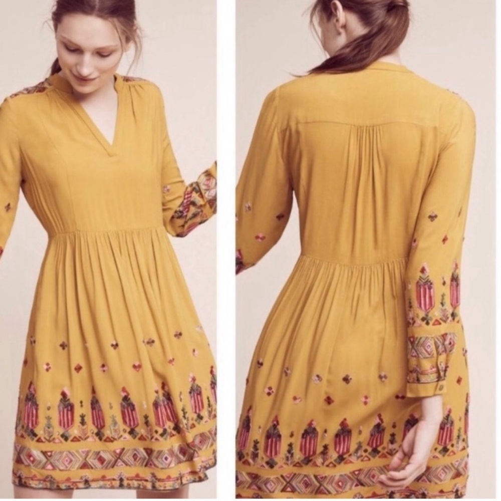 Women M Boho Long Sleeve Dress Embroidered V Neck India Mustard Gold Geometric - Picture 11 of 11